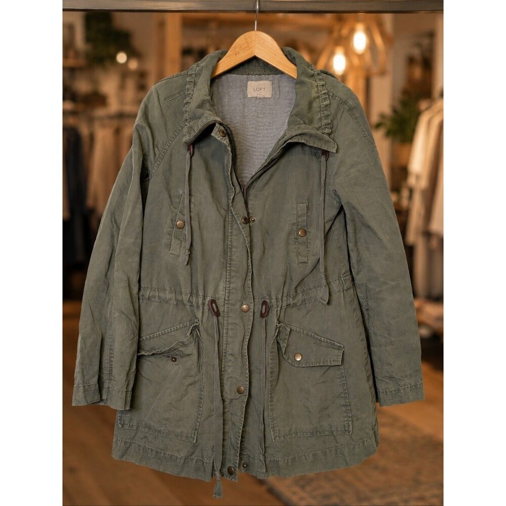 LOFT Utility Jacket Medium Olive Linen Blend Anorak Layering Military